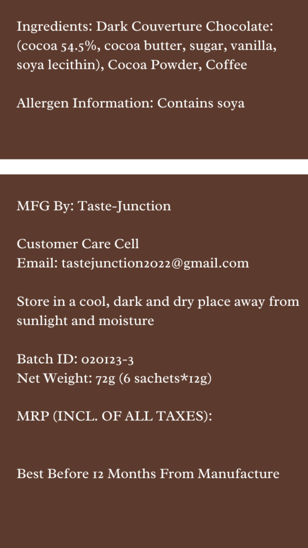 Product label with ingredients, allergen information, and storage instructions on a brown background