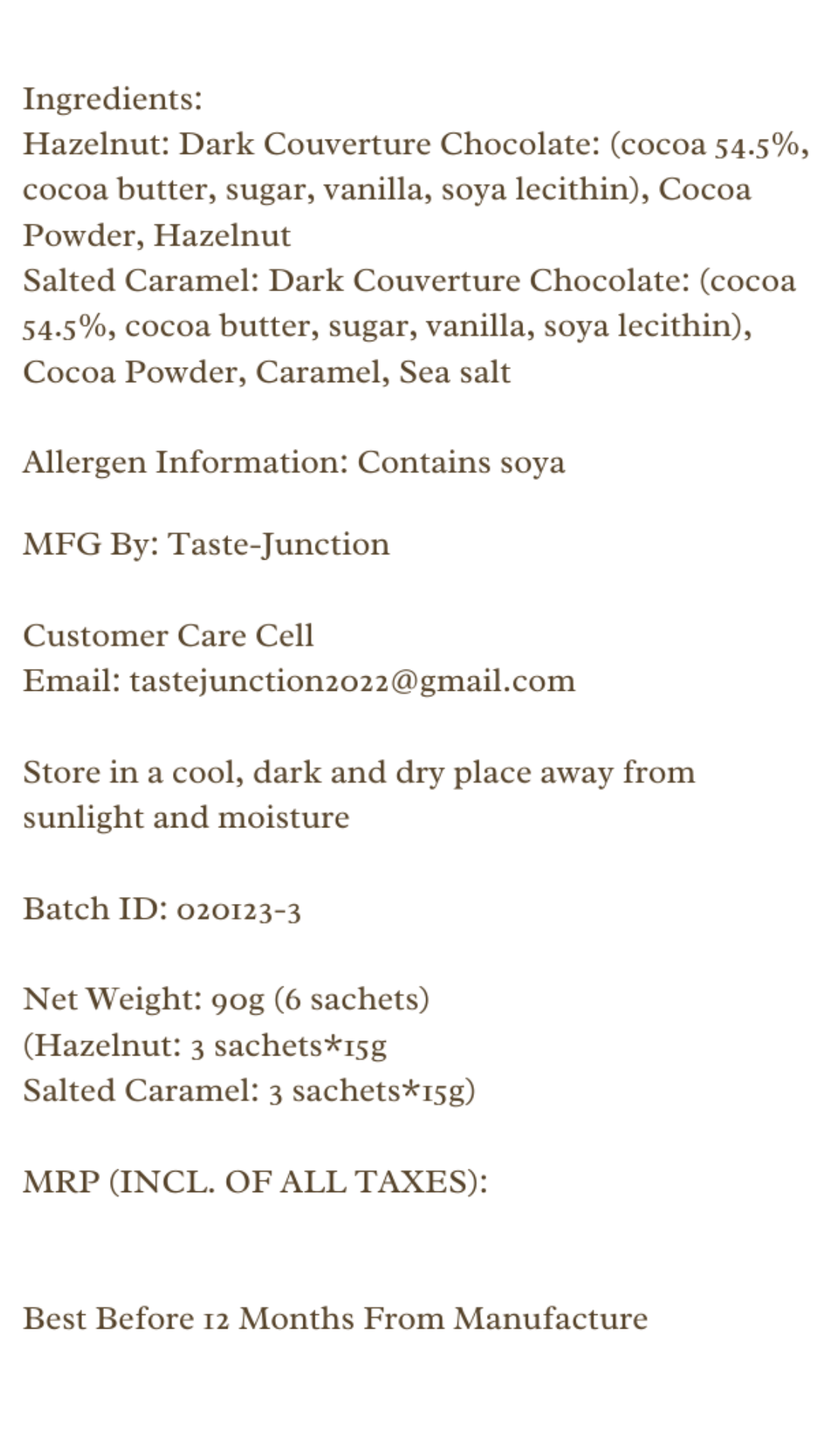 Allergen information and product details for a chocolate product on a white background