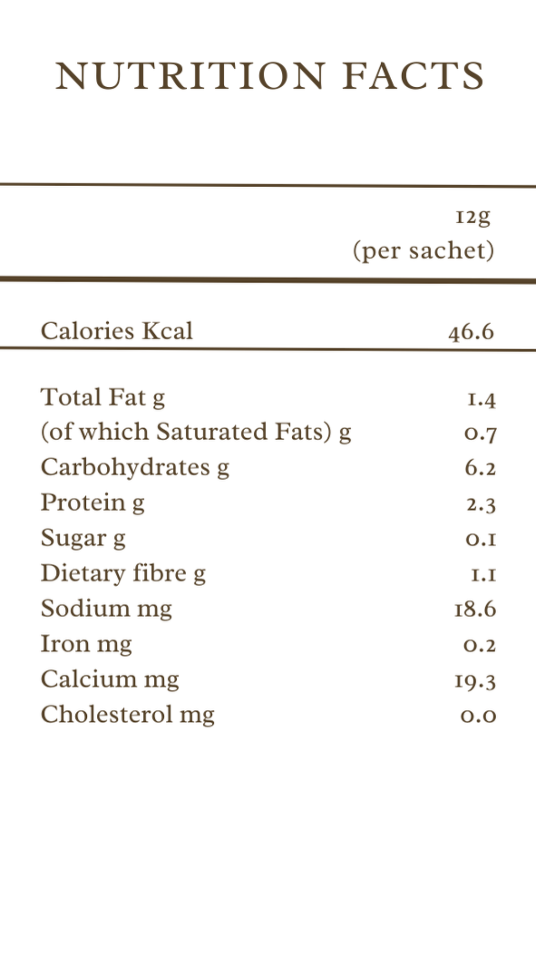 Nutrition facts label for a product with detailed nutritional information per sachet.