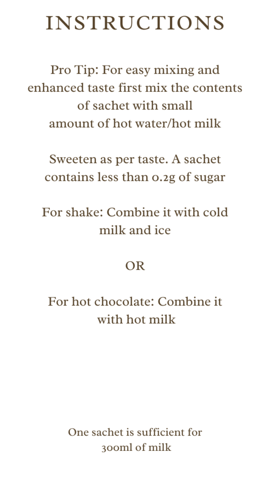 Instructions for mixing a sachet with hot or cold milk on a white background
