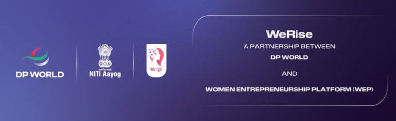 Partnership banner between DP World, NITI Aayog, and Women Entrepreneurship Platform (WEP) on a blue background.
