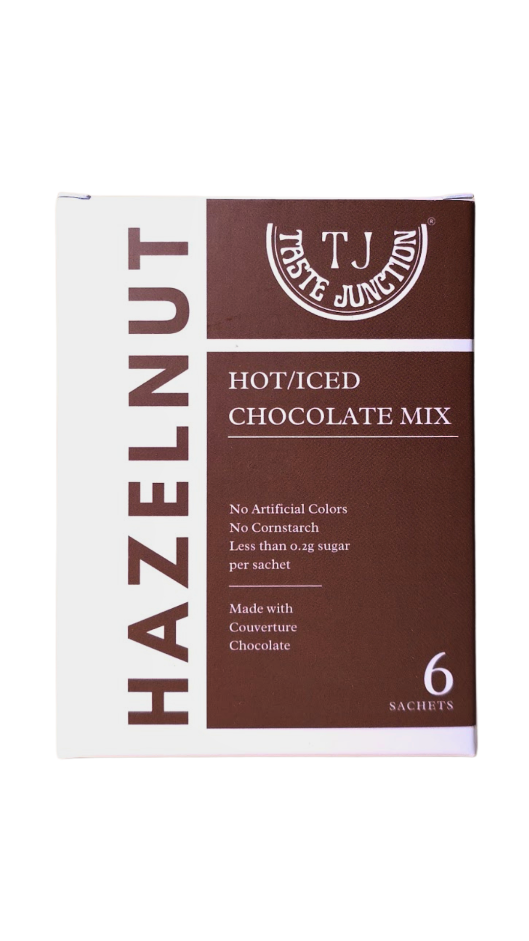 Box of T.J. Taste Junction Hazelnut Hot/Iced Chocolate Mix on a white background