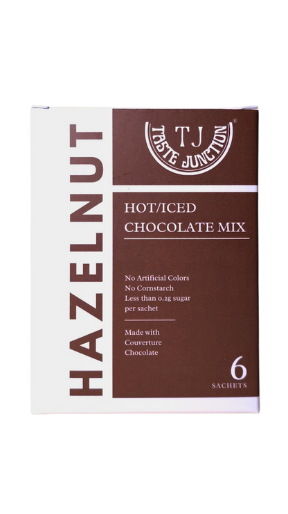Box of T.J. Taste Junction Hazelnut Hot/Iced Chocolate Mix on a white background