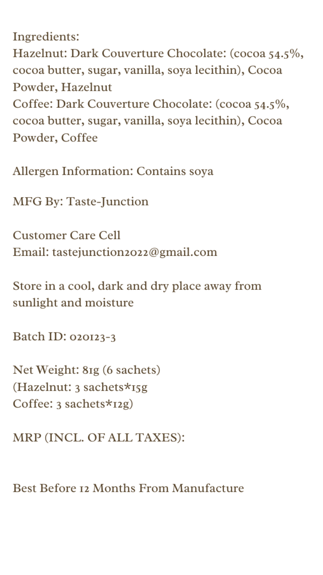 Product label with ingredients, allergen information, and contact details on a white background