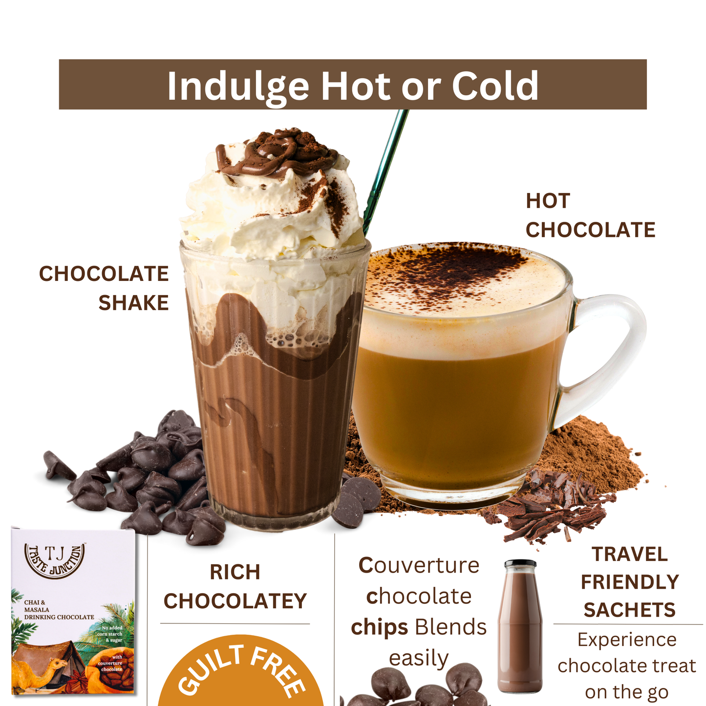 TASTE JUNCTION | CHAI & MASALA | HOT/ICED CHOCOLATE MIX | 6 SACHETS | NO ADDED SUGAR | NO CORNSTARCH