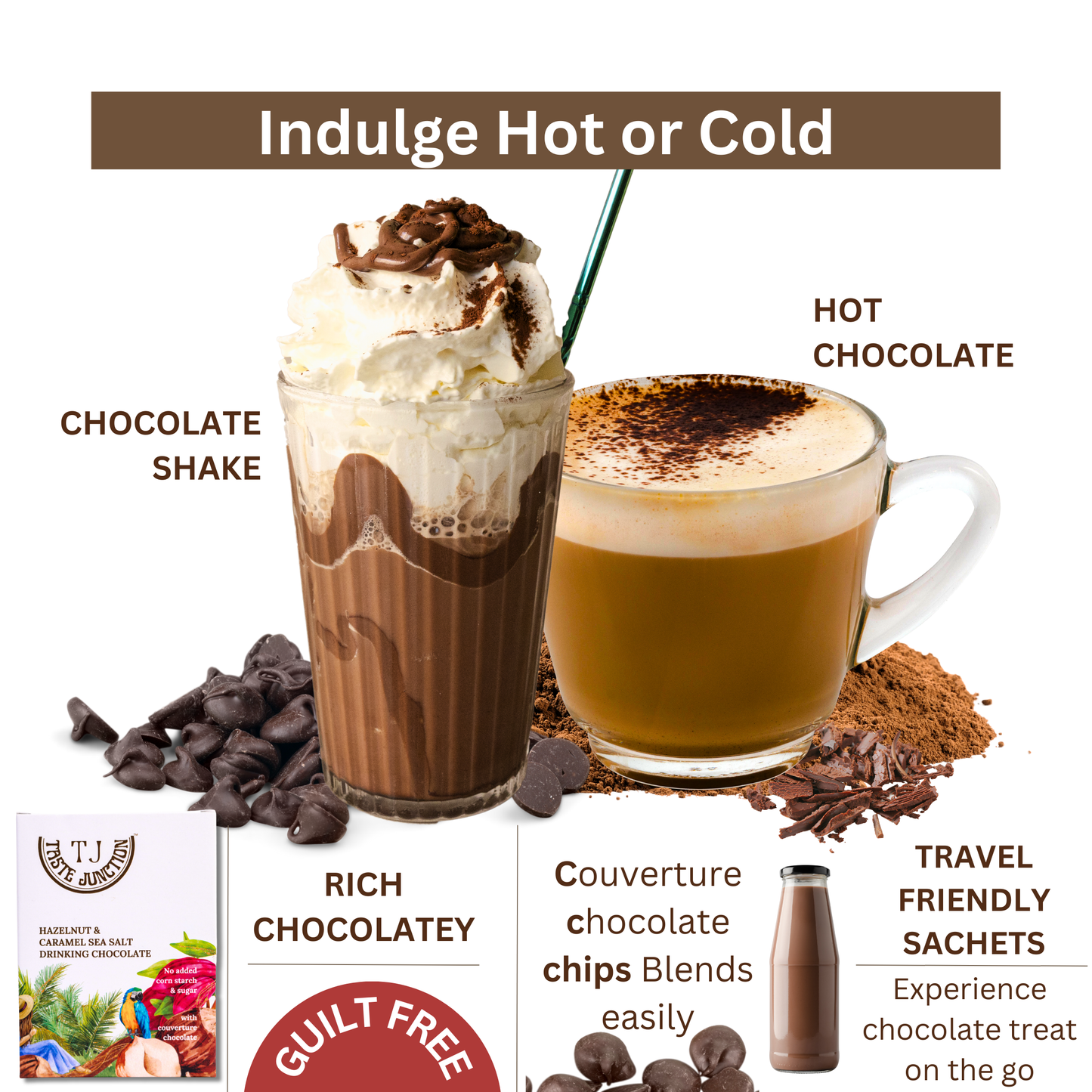 TASTE JUNCTION | HAZELNUT & CARAMEL SEA SALT | HOT/ICED CHOCOLATE MIX | 6 SACHETS | NO ADDED SUGAR | NO CORNSTARCH