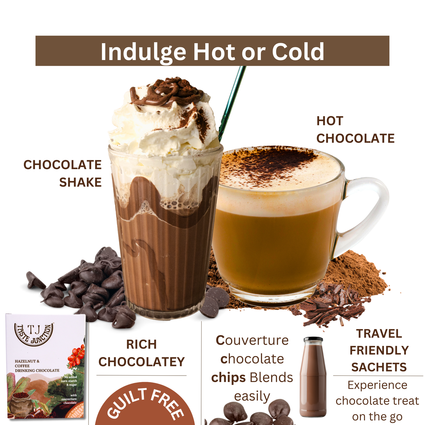 TASTE JUNCTION | HAZELNUT & COFFEE | HOT/ICED CHOCOLATE MIX | 6 SACHETS | NO ADDED SUGAR | NO CORNSTARCH