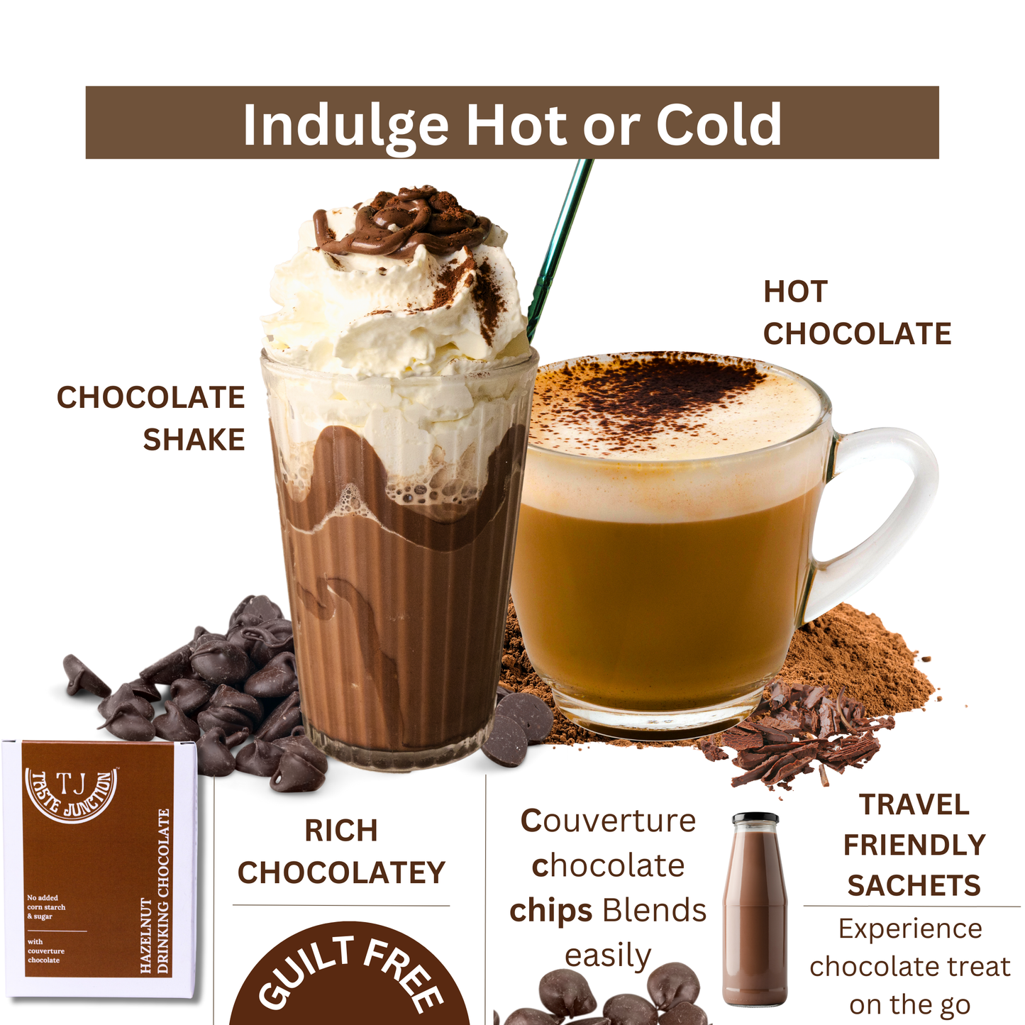 TASTE JUNCTION HAZELNUT HOT/ICED CHOCOLATE MIX | 6 SACHETS | NO ADDED SUGAR | CORNSTARCH FREE