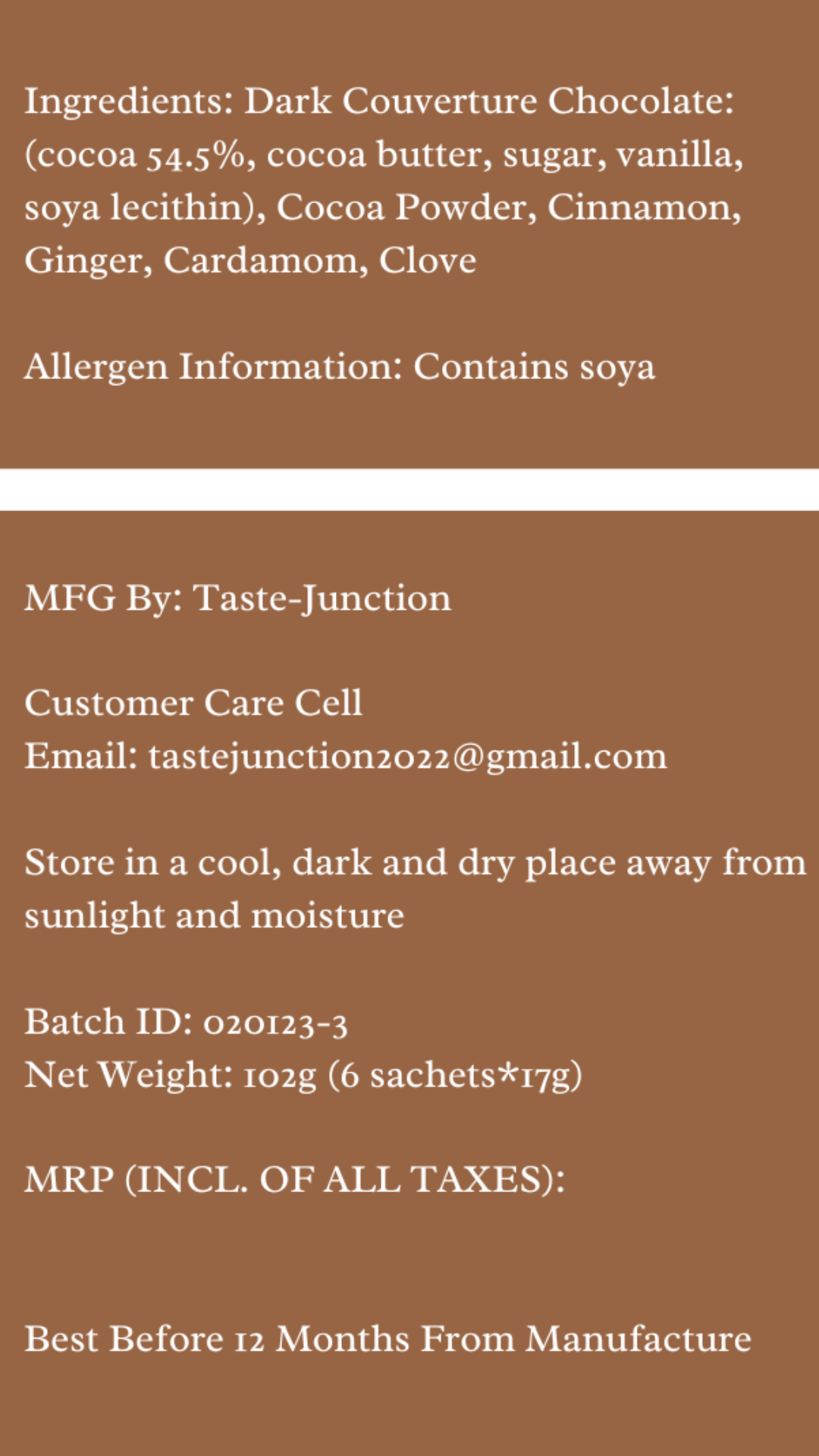 Cinnamon Product label with ingredients and allergen information on a brown background