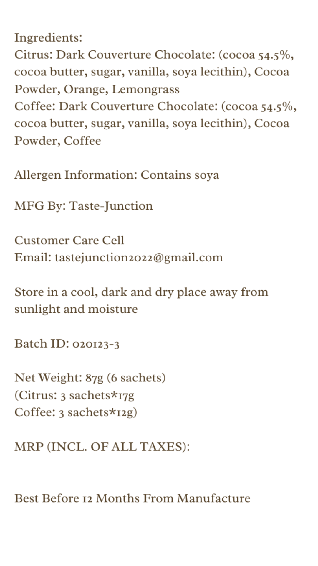 Product label with ingredients, allergen information, and storage instructions on a white background.