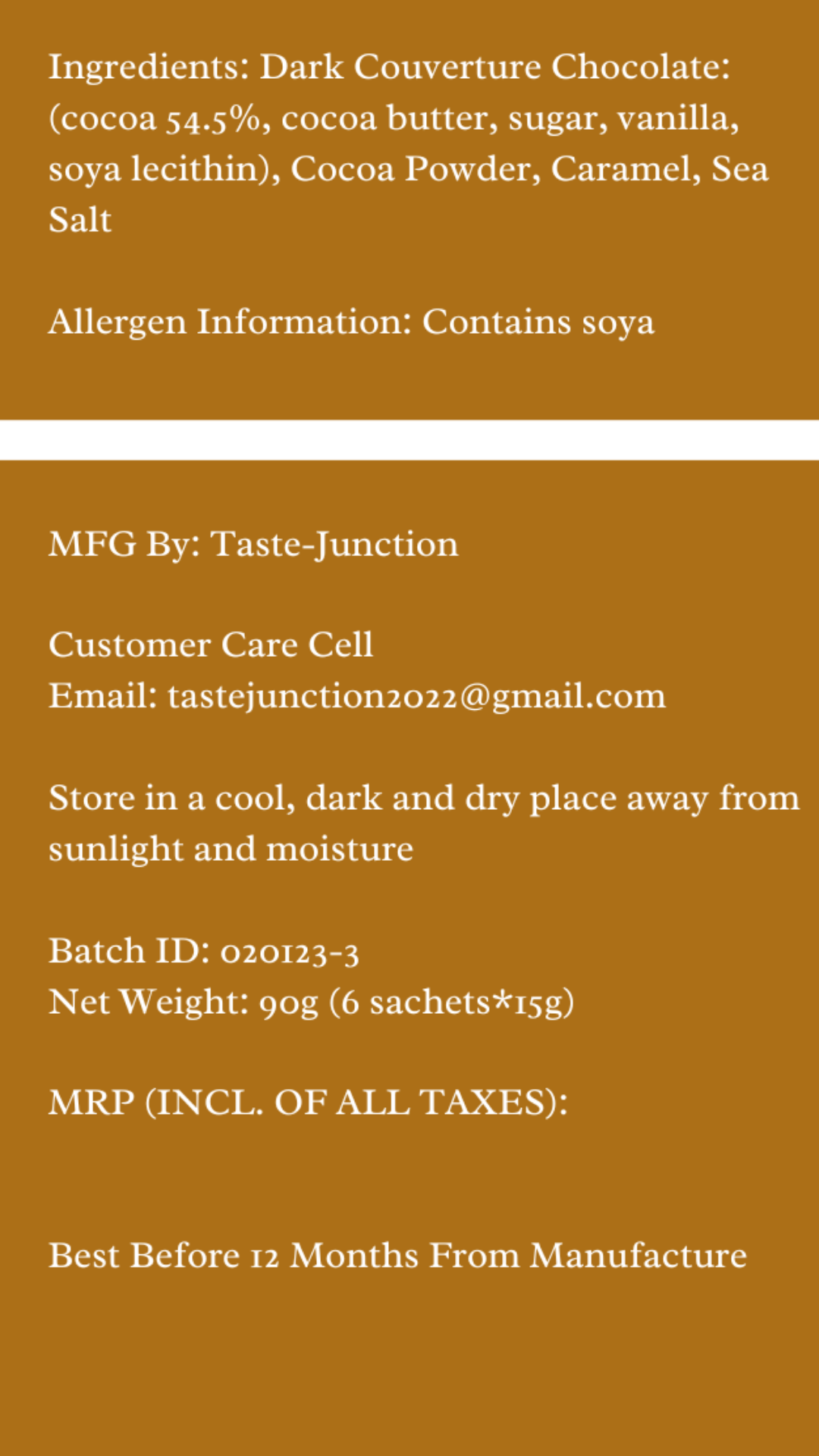 Salted Caramel Product label with ingredients, allergen information, and storage instructions on a white background