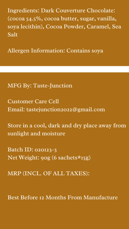 Salted Caramel Product label with ingredients, allergen information, and storage instructions on a white background